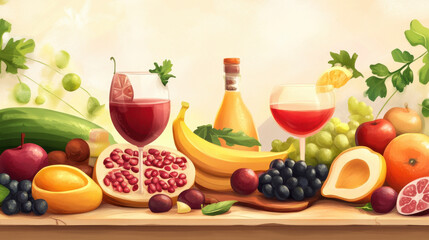 Fresh fruits and drinks arranged beautifully on wooden table