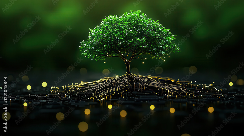 Leinwandbilder digital tree with glowing roots, symbolizing connection between nature and technology, stands out ag