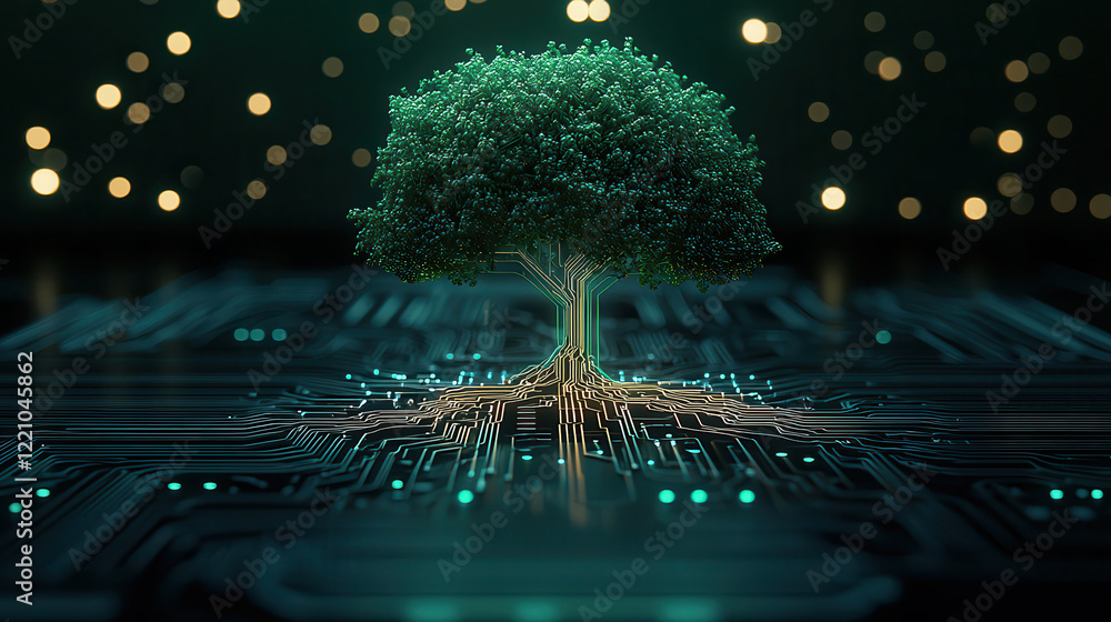 Poster digital tree glowing in emerald hues, rooted in circuit board, symbolizes fusion of nature and technology, creating captivating visual experience