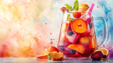 A summer sangria with floating fruits in a glass pitcher, vibrant watercolor splash background 