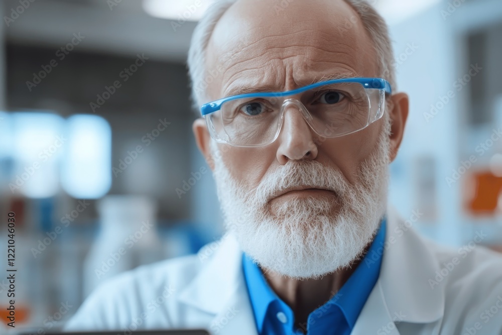 Poster senior scientist displaying focused expression during laboratory experiment in clinical setting