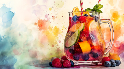 A summer sangria with floating fruits in a glass pitcher, vibrant watercolor splash background 