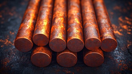 Nine round metal rods are stacked on a rough, dark surface for industrial purposes