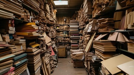 Obraz premium A cluttered wood and plywood storage warehouse