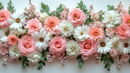 A horizontal arrangement of colorful flowers,