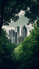 Vertical Capture of Atlanta Skyline Framed by Lush Greenery