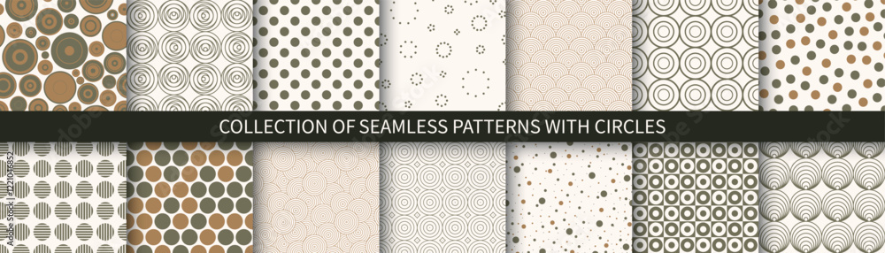 Poster collection of vector seamless patterns with circles and dots - color vintage design. abstract repeat