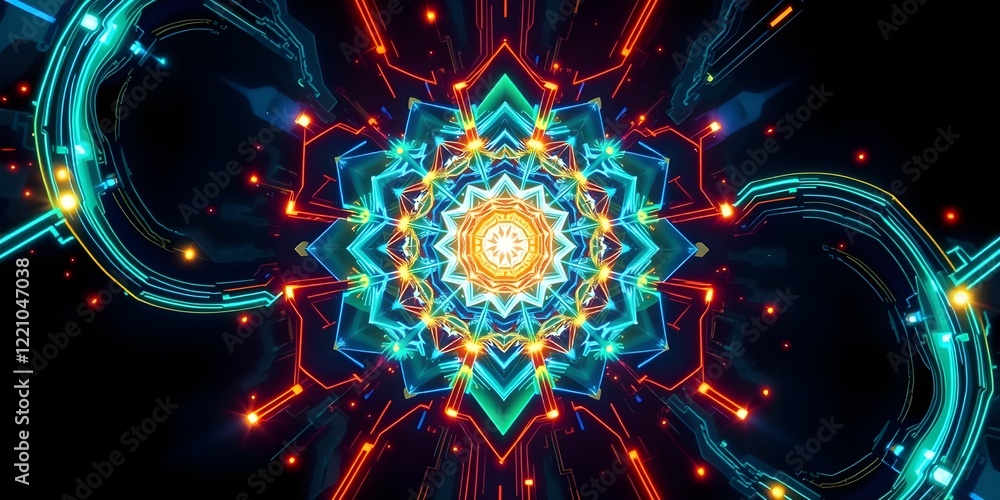 Poster glowing fractal design with colorful flowers and sparkling light patterns
