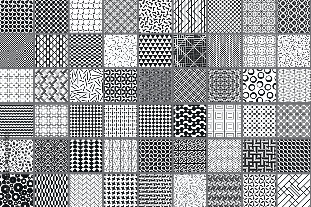 Aufkleber Collection of vector seamless geometric ornament patterns in different styles. Monochrome repeatable backgrounds. Endless black and white prints, textile textures