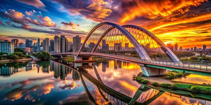 Surreal Metallic Bridge at Sunset, Sao Paulo, Brazil - Futuristic Cityscape
