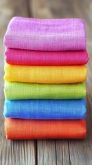 Colorful Stack of Pastel Fabrics on Wooden Table: Rainbow Linen Textiles Displayed in Gradient Order for Home Decor and Crafting