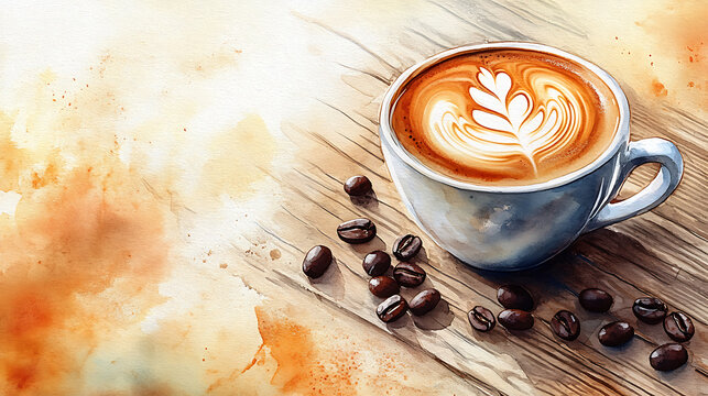 A watercolor illustration of a latte art coffee cup on a wooden table with coffee beans scattered around, soft pastel background 