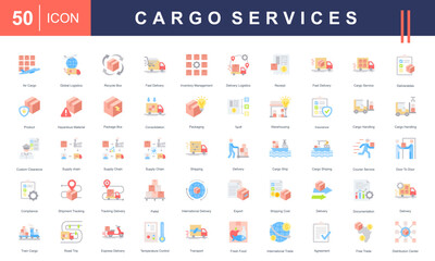 Icons for Cargo Services, featuring logistics, air cargo, delivery, warehousing, supply chain, packaging, tracking, international trade, and transport. Ideal for shipping and logistics projects.