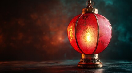 A single red lantern glowing softly against a dark background, with elegant gold accents