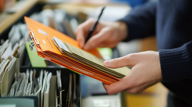 A person flipping through a binder of documents, smiling as they review budget details
