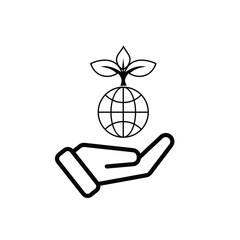sustainable icon. earth and plant vector in hand. reuse, recycle, net zero, green energy, eco-friendly concept. Line design style