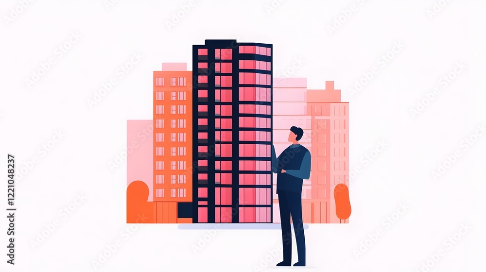 Poster modern city skyline with mobile app for efficient property management tools