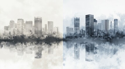 Abstract cityscape divided by a line of clear air and smog, highlighting pollution contrast, [air quality awareness], [haze concept].