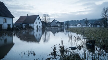 Obraz premium Floodwaters engulf serene rural town capturing nature's power in a tranquil landscape aerial view environmental awareness
