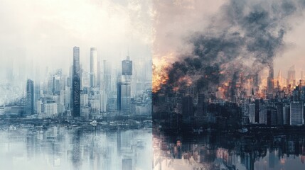 Obraz premium Abstract cityscape divided by a line of clear air and smog, highlighting pollution contrast, [air quality awareness], [haze concept].
