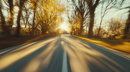 Fototapeta premium Sunset Drive Through Autumn Trees Along Country Road