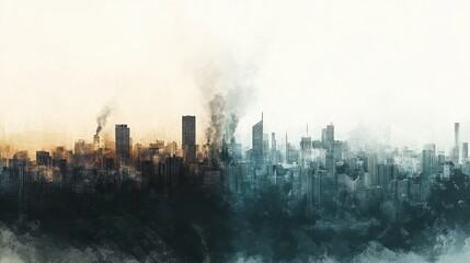 Abstract cityscape divided by a line of clear air and smog, highlighting pollution contrast, [air quality awareness], [haze concept].