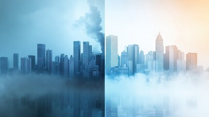 Fototapeta premium Abstract cityscape divided by a line of clear air and smog, highlighting pollution contrast, [air quality awareness], [haze concept].