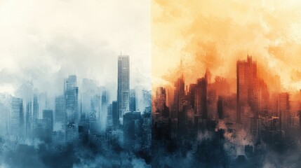 Abstract cityscape divided by a line of clear air and smog, highlighting pollution contrast, [air quality awareness], [haze concept].