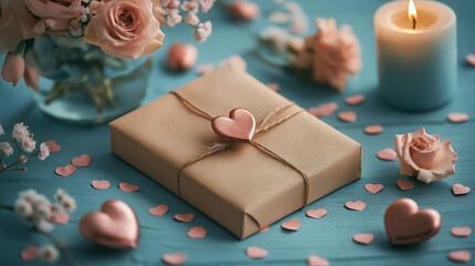 Gift and hearts on a colored background top view. Background to Valentine's Day, Mother's Day, International Women's Day