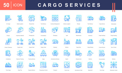 Icons for Cargo Services, featuring logistics, air cargo, delivery, warehousing, supply chain, packaging, tracking, international trade, and transport. Ideal for shipping and logistics projects.