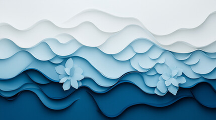 Serene Blue Wave Abstract:  An elegant abstract artwork featuring layered paper cut waves in shades of blue, evoking a sense of calm and tranquility, accented by delicate paper flowers.