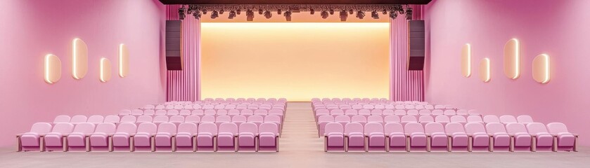 Fototapeta premium Modern purpose-built auditorium with pink seating and stage.