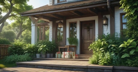 Fototapeta premium A charmingly wrapped present sits atop a wooden porch alongside lush green foliage and a traditional house entrance, home, porch, greenery