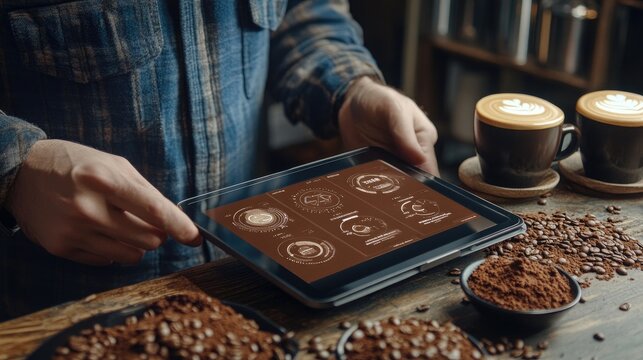 Man Analyzing Coffee Data on Tablet in Cozy Cafe with Coffee Cups and Beans