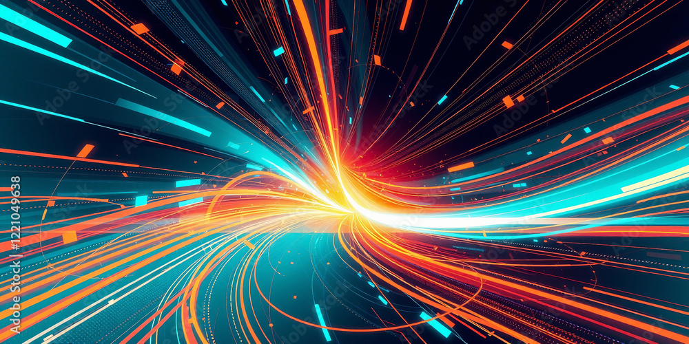 Poster fractal burst of glowing lines in a colorful abstract background