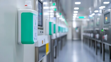 Fototapeta premium Hand Sanitizing Station at Entrance of Food Manufacturing Facility Promoting Hygiene and Safety
