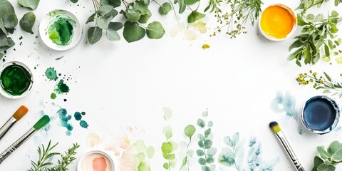 Vibrant Watercolor Palette Surrounded by Lush Greenery: A Creative Oasis Awaits