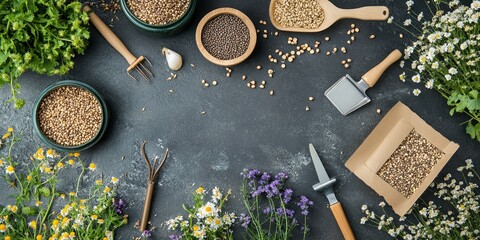 Cultivating Nature's Bounty: A Vibrant Garden Scene of Seeds and Fresh Herbs