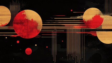  A stylish Lunar New Year pattern with red, gold, and black color scheme, abstract geometric shapes and lines 