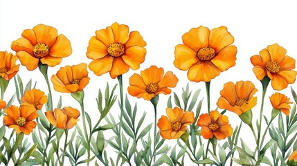 Fototapeta premium Vibrant Orange Marigold Flowers in Bloom with Green Leaves