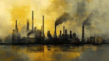 Obraz premium Abstract industrial scene, giant factory structures releasing smoke into a yellow-gray sky, [industrial pollution], [toxic environment].