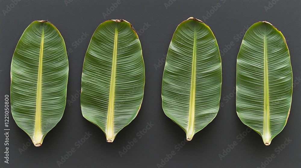 Wall mural Four banana leaves are shown on a flat gray surface, useful for design projects