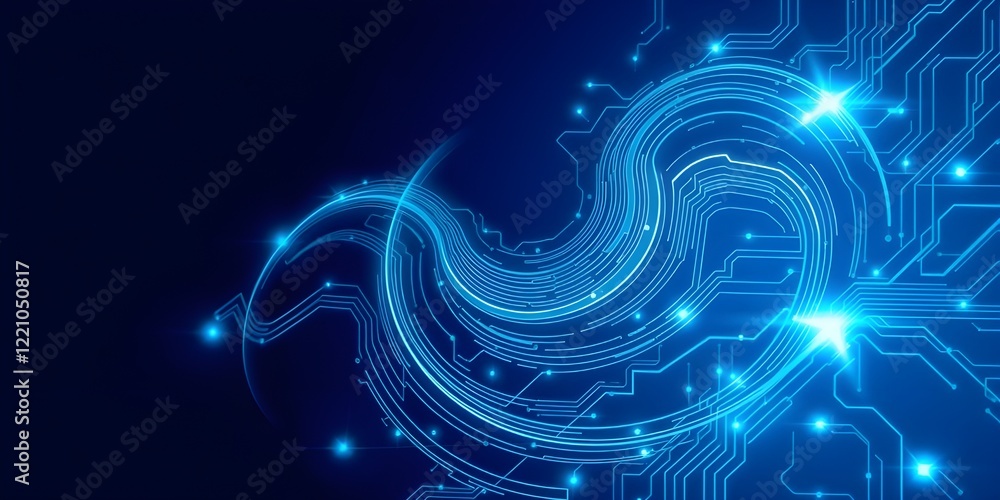 Poster abstract blue background with glowing waves and stars creating a swirling motion and energy pattern