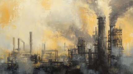 Abstract industrial scene, giant factory structures releasing smoke into a yellow-gray sky, [industrial pollution], [toxic environment].