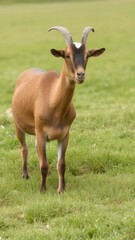Obraz premium Brown goat with a distinctive white spot on its fur standing gracefully on lush green grass in a spacious field, green grass, picturesque, white spot