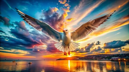 Obraz premium Surreal Seagull with Spread Wings, St. Laurent du Var, France