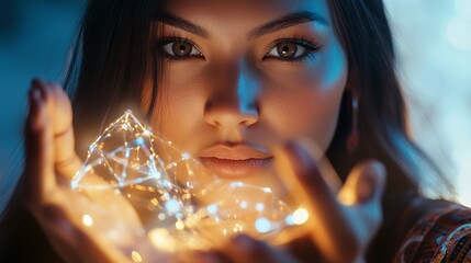 Enchanting Woman of Color Embraces the Light of Possibility in Her Hands