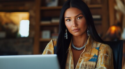 Confident Indigenous Woman in Modern Workspace: Bridging Tradition and Innovation