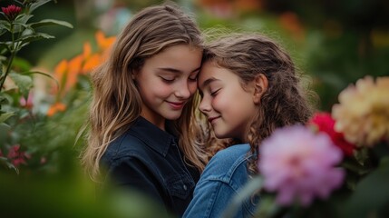 Obraz premium First Love. Two girls embracing in a vibrant flower garden.