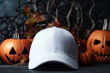 White Baseball Cap on Wooden Table with Halloween Pumpkin Decor
